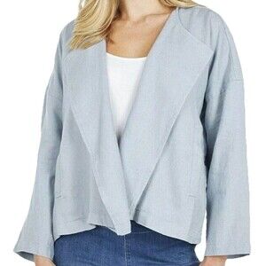 Eileen Fisher Organic Linen Open Drape Front Jacket Cardigan Light Blue Medium